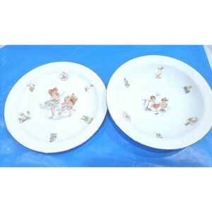 Johann Haviland Child Dishes Bowl Plate Children Playing Gold Trim Bavaria